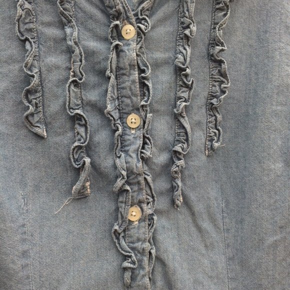 Vintage Gloria Vanderbuilt Denim Ruffled Blouse, P/M - Picture 2 of 4